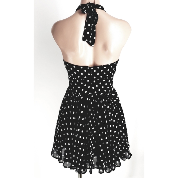 Y2K Black and White Polka Dot Gorgette Halter Dress - Picture 4 of 7